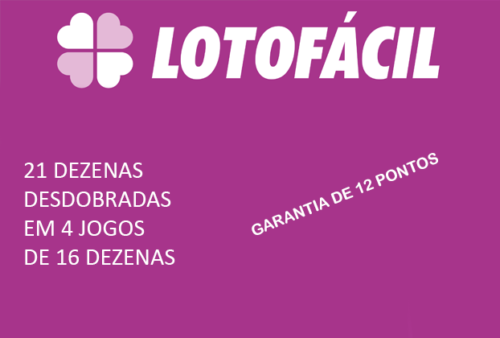 Planilha Lotofácil 21 dezenas desdobradas em 4 jogos de 16
