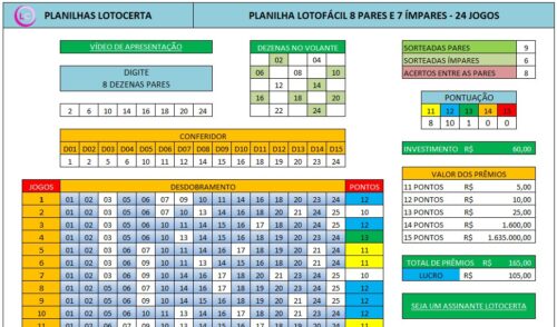 Planilha Lotofácil 8 pares 7 ímpares 24 jogos