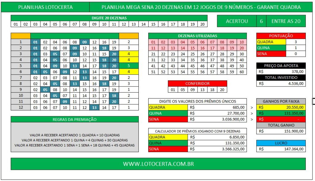 Planilha Mega Sena 20 dezenas em 12 jogos de 9 números