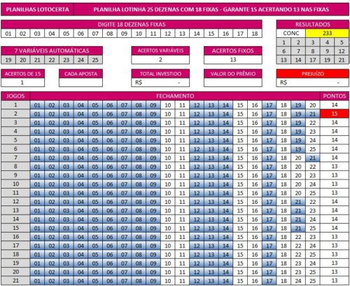 Planilha Lotinha 25 pra 20 com 18 fixas