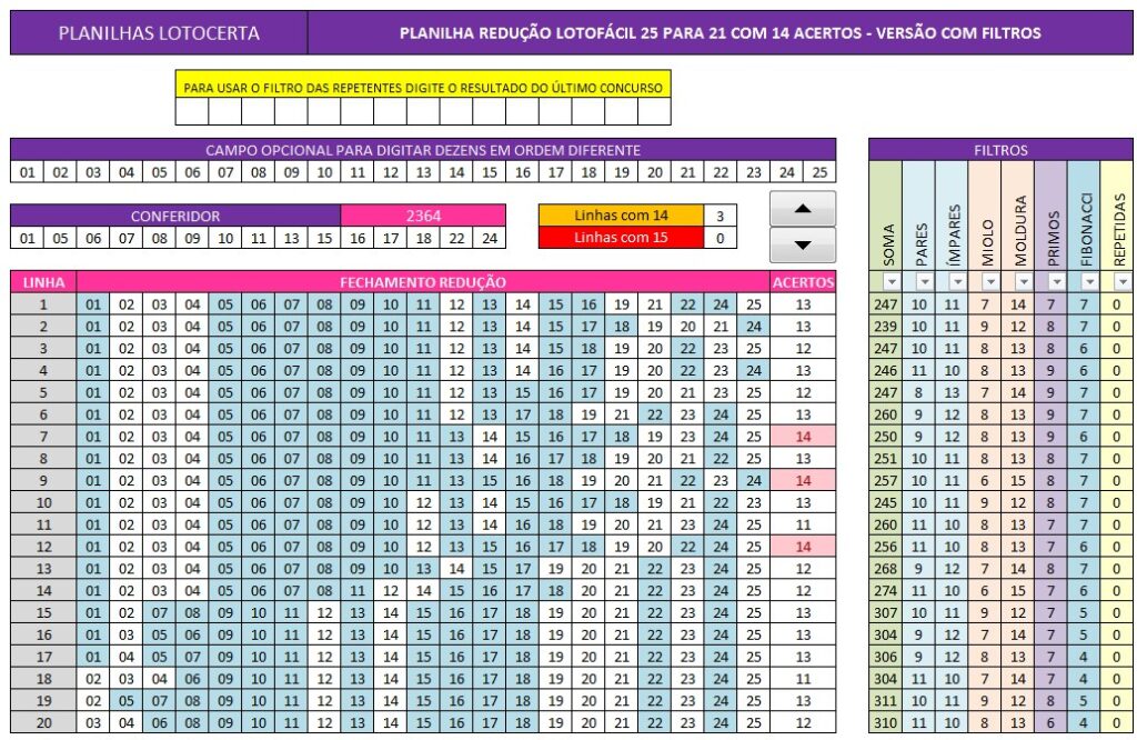 Planilha Redução 25 para 21 dezenas com filtros