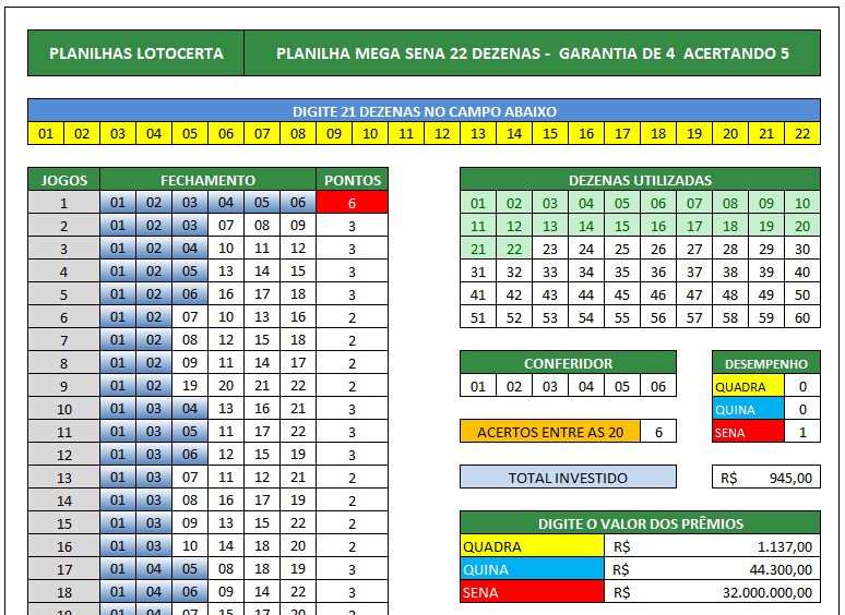 Planilha Mega Sena 22 dezenas em 189 Jogos