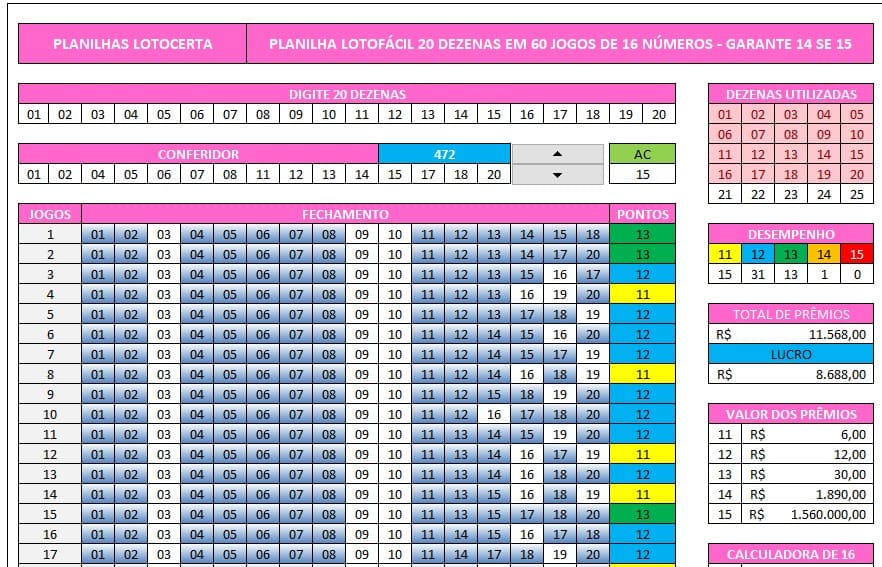 Planilha Lotofácil 20 dezenas em 60 jogos de 16 números