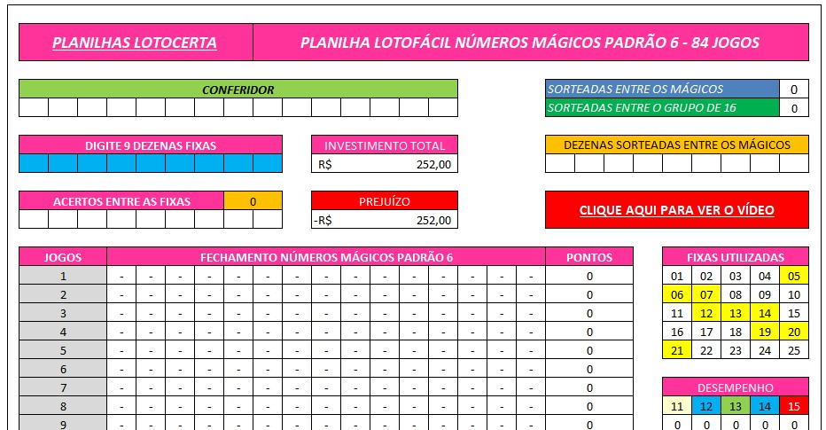 Planilha Lotofácil números magicos