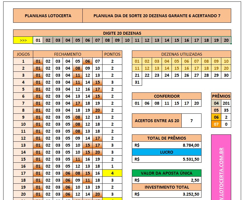 Planilha dia de Sorte 20 dezenas com garantia de sena